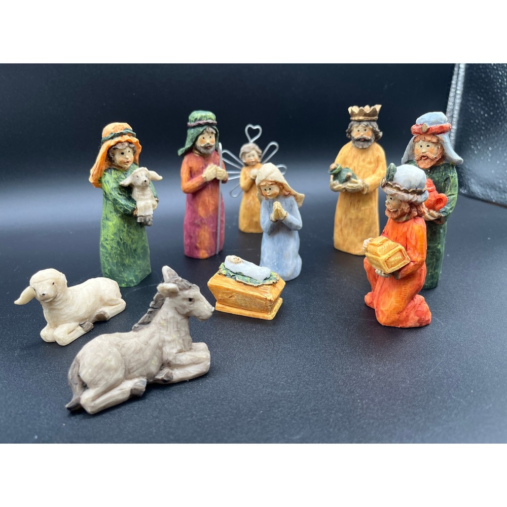 Vtg Nativity Set Figurines 10 Piece Religious Christmas Resin 4" Holy Family